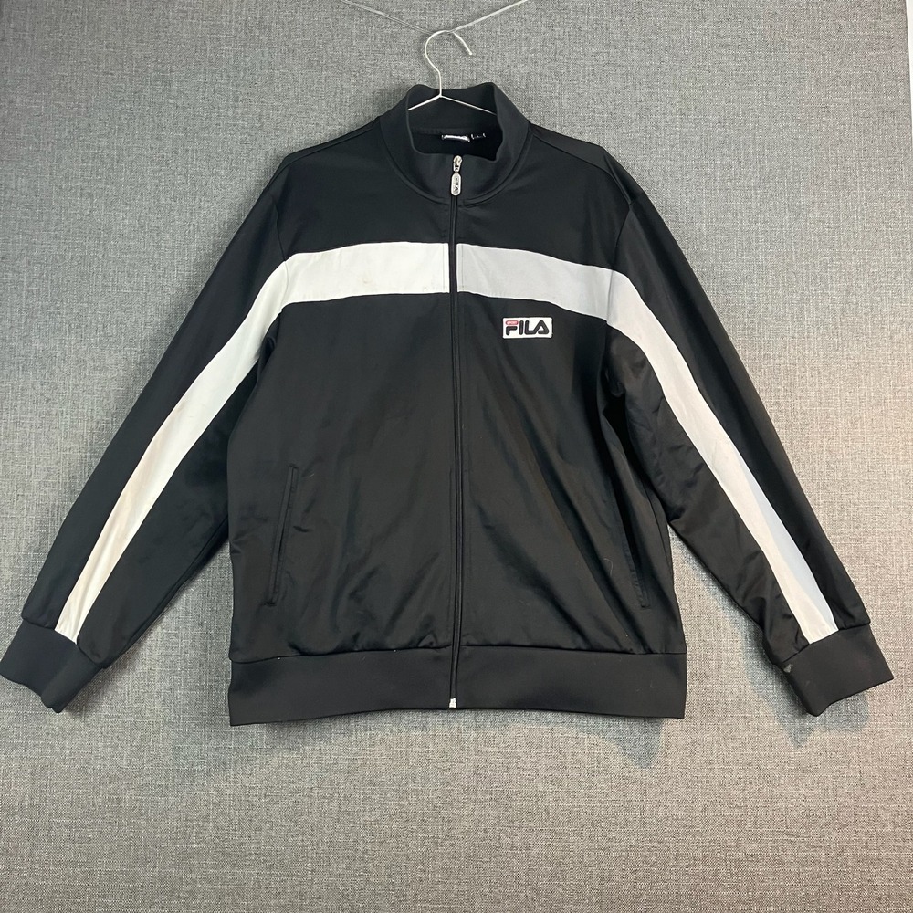 FILA Sport Track Jacket Black White Stripe Full Zip‎ Retro Athletic Mens Large